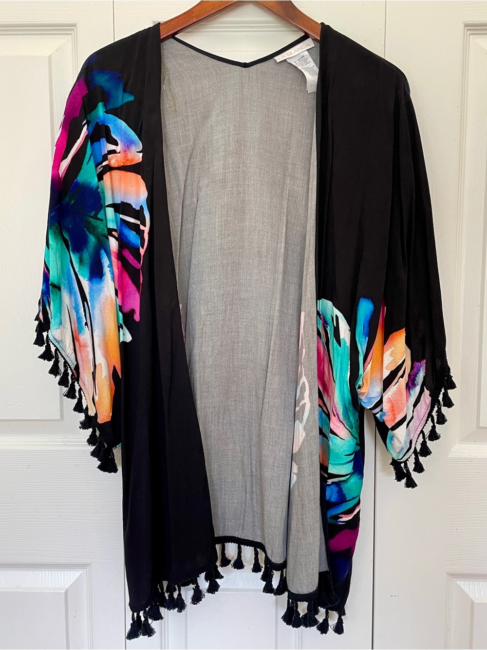 La Blanca Black Floral Tassel Swim Cover-up Kimono